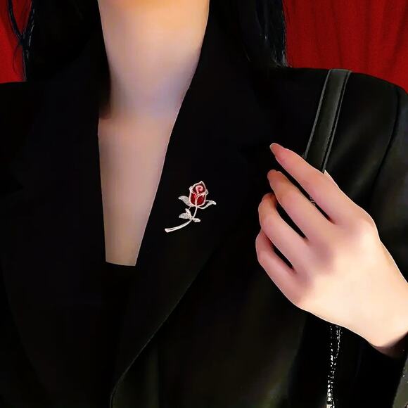 Brooch Red Rhinestone Rose set in Rose-Tone Pin - Picture 2 of 4